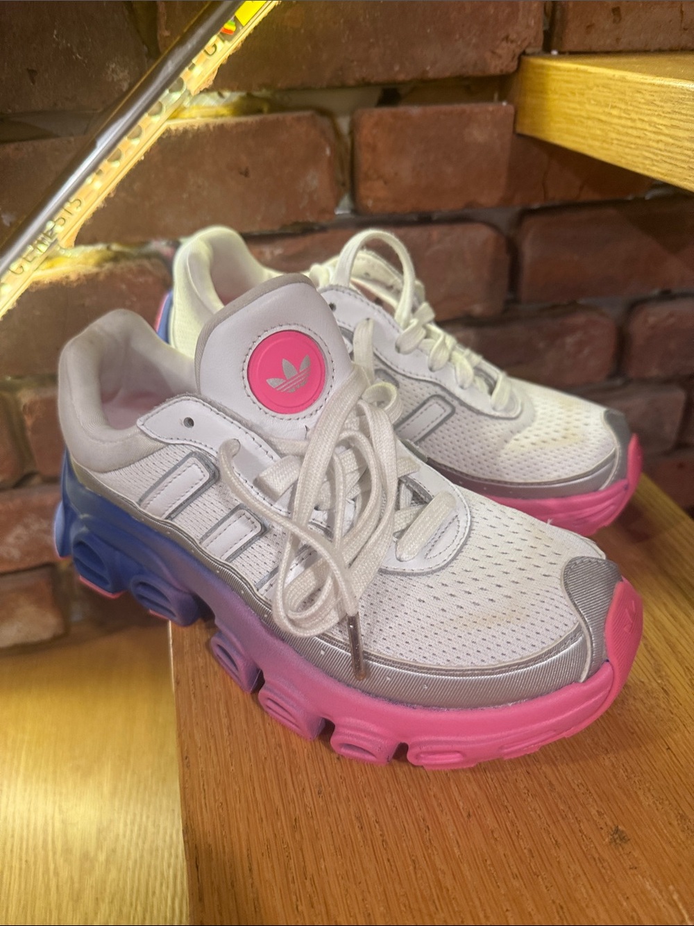 adidas White Sneakers with Pink and Blue Gradient Outsole